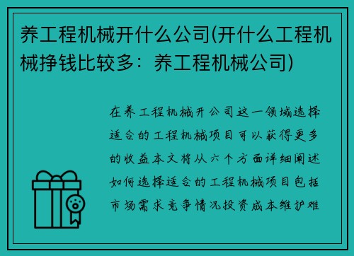 养工程机械开什么公司(开什么工程机械挣钱比较多：养工程机械公司)